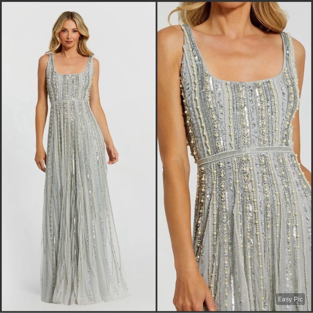 NWT Mac Duggal 94080 Blue Scoop Neck A-Line Gown With Striped Beading Size 10